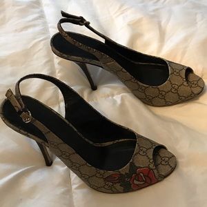 Gucci Sling Back Peep Toe Rose Tattoo heels
